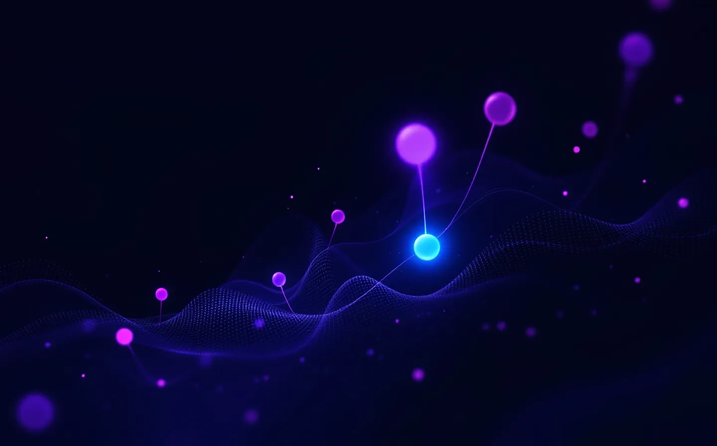 A luminous purple-and-lilac vertical thread of connected nodes descending through depth with one cyan node, on a deep violet-navy ground — a chronological-review motif